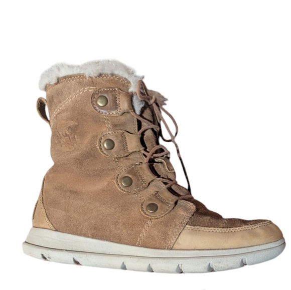 Sorel Explorer Joan Ash Brown Leather & Suede Ankle Boots Size 7 Winter Snow - Picture 2 of 8